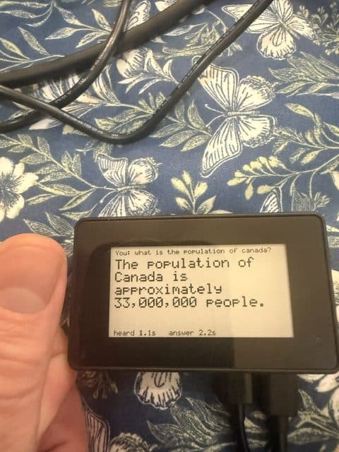 The small LCD answering a question about Canada.